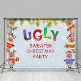 Aperturee - Aperturee Blue Snowy Elk Ugly Sweater Christmas Party Backdrop